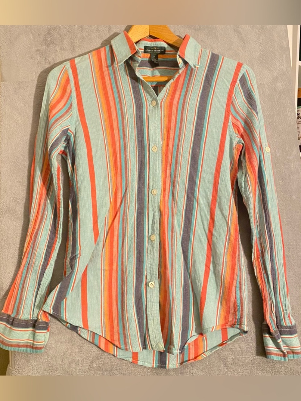 Lauren Jeans Co. Ralph Lauren striped shirt roll tab sleeve Aztec Design Size L
